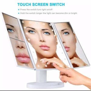 NEW 21 LED HD MAKE-UP MIRROR 3 PANEL TRI-FOLD 180° ROTATION 2X/3X TOUCH POWERED